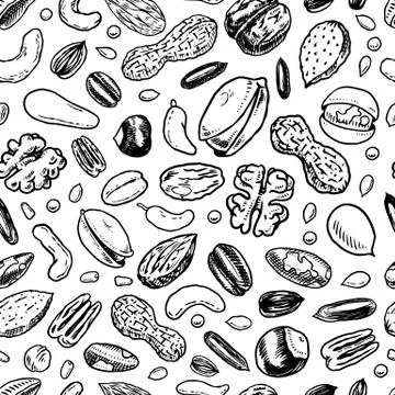 Nuts seamless pattern. Seeds and granule, corn and grain. Hazelnut, Walnut Stock Illustration