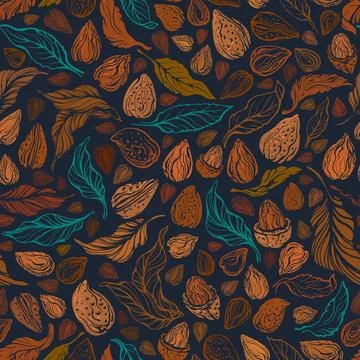 Nuts seamless pattern Vector grain, leaves, forest Stock Illustration