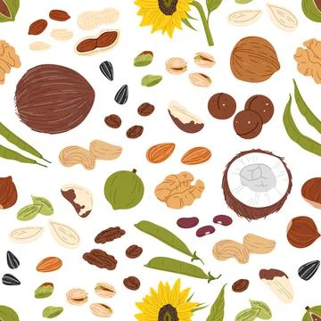 Nuts, seeds, beans seamless pattern, vector food Stock Illustration