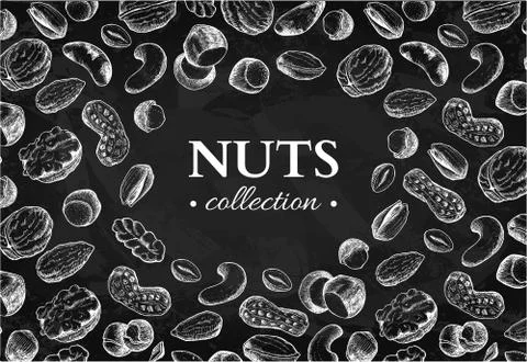 Nuts vector vintage frame illustration. Hand drawn chalkboard fo Stock Illustration
