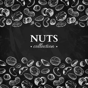 Nuts vector vintage frame illustration. Hand drawn chalkboard fo Stock Illustration