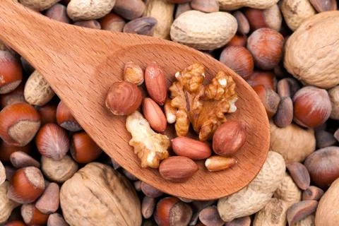 Nuts in a wooden spoon Stock Photos