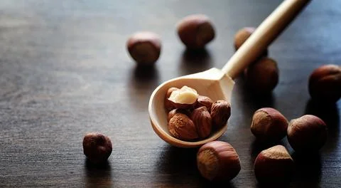 Nuts on a wooden table.Hazelnuts in the shells and shelled. A wooden spoon .. Stock Photos