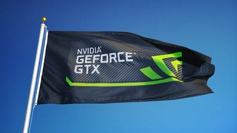 Nvidia GeForce GTX logo flag waving in slow motion against blue sky, editorial Stock Footage 86218885