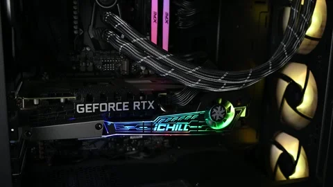 NVidia GeForce RTX 3080 graphics card inside the gaming PC tower. Stock Footage 286030551