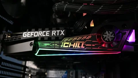 NVidia GeForce RTX 3080 graphics card inside the gaming PC tower. Stock Footage 286030689