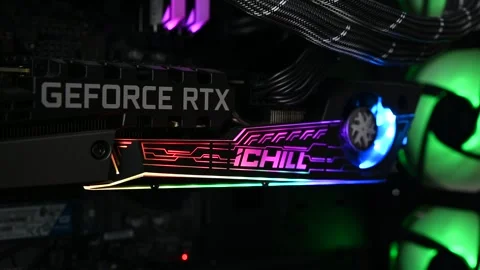 NVidia GeForce RTX 3080 graphics card inside the gaming PC tower. Stock Footage 286030852