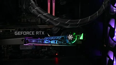 NVidia GeForce RTX 3080 graphics card inside the gaming PC tower. Stock Footage 286030890