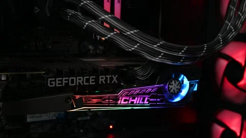 NVidia GeForce RTX 3080 graphics card inside the gaming PC tower. Stock Footage 286030893