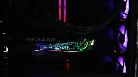 NVidia GeForce RTX 3080 graphics card inside the gaming PC tower. Video stock 286030900