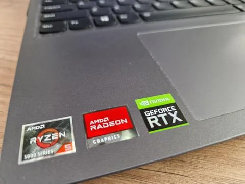Nvidia Geforce RTX logo displayed on laptop keyboard Stock Photos