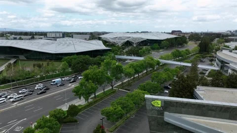 Nvidia headquarters campus with distinctive wave-shaped silver roof structures Stock Footage 336551949