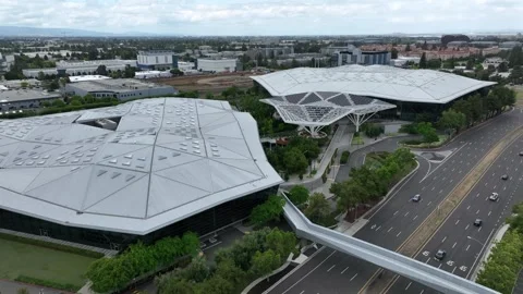 Nvidia headquarters with two iconic diamond-faceted roof buildings on both Stock Footage 336528959