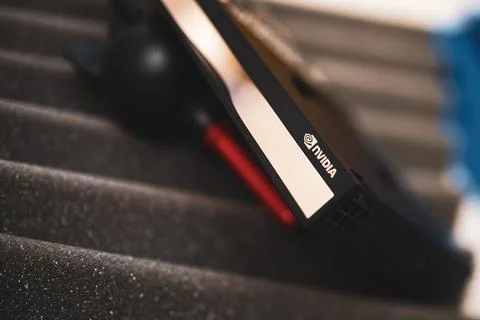 Nvidia logo on the new powerful GPU RTX Quadro A4000 Stockfoto's