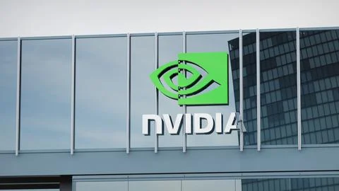 NVIDIA Stock data presented on the logo of the office facade editorial Stock Photos