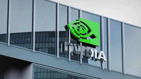 NVIDIA Stock data presented on the logo of the office facade editorial Stock Photos