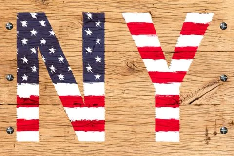 Ny painted with pattern of flag united states old oak wood fastened Stock Photos