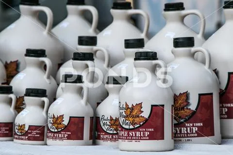 NY state produced maple syrup for sale on Union Square, NYC. Stock Photos