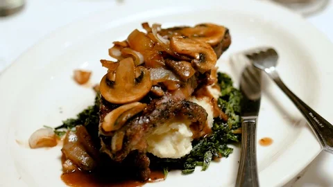 NY Strip Steak Mushroom Mashed Potatoes Classy Italian Restaurant Stock Footage 128462832