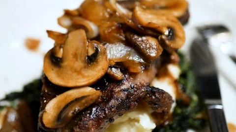 NY Strip Steak Mushroom Mashed Potatoes Classy Italian Restaurant Closeup Stock Footage 128462880