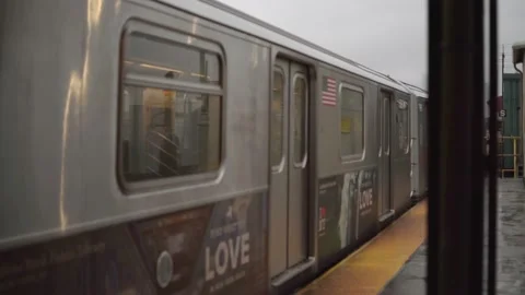 NY Subway entering Station on Elevated Track in Brooklyn,Queens Stock Footage 147002264