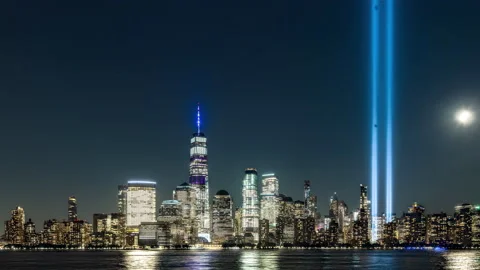 NYC 9/11 Tribute in Light, Day to Night with Full Moonrise Timelapse, 8K Stock Footage 204760180