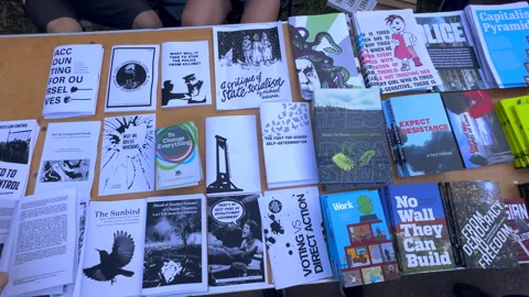 NYC Anarchist Book Fair opened at La Plaza Cultural in East Village in NYC Stock Footage 285458918