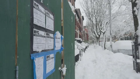 NYC Construction Permit Notices on Green Fence, Brooklyn, Winter Blizzard Video stock 329689837