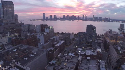 NYC Drone Sun Setting Stock Footage 60110734