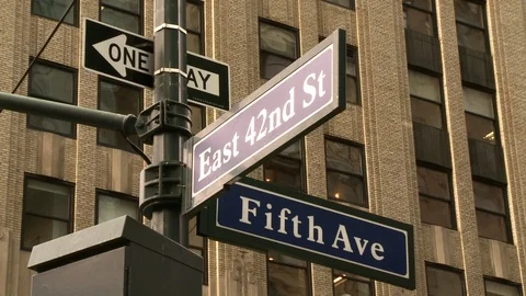 NYC East 42nd and 5th Street Signs Stock Footage