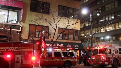 NYC Fire Trucks at night Stock Footage 71989401