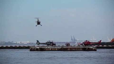NYC Heliport Action Lower Manhattan East River Stock Footage 80295022