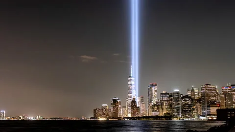 Nyc lower manhattan timelapse 9:11 lights, view from governor's island Stock Footage 160988515