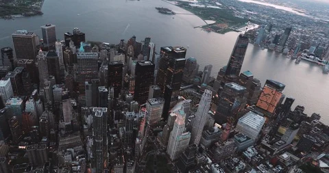 Nyc Manhattan Skyline Downtown Wide Aerial Sunset Cinematic 4K Stock Footage