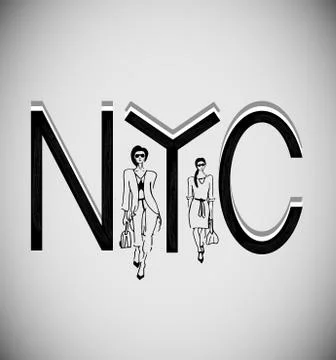 NYC New York City black and white with fashion girls. Sketch. Vector. Stock Illustration