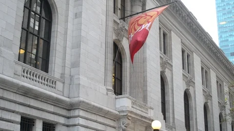 Nyc public library flag waving in the wind Stock Footage 85966392