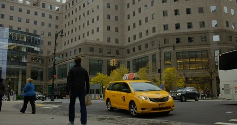  NYC Road With A Group Of Iconic Classic Yellow Taxi Cabs By World Trade Centre Stock Footage 112336923