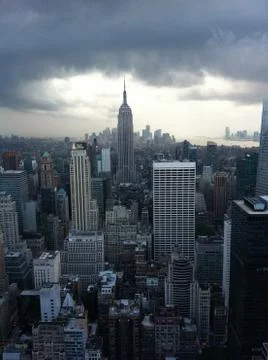 NYC Skyline Empire State Building Skyscrapers Observation Deck Overcast Gray Sky Stock Photos