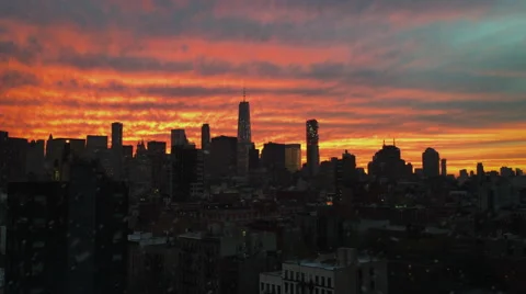 NYC Skyline at Sunset with Snow Falling 4K Stock Video Stock Footage 58262500