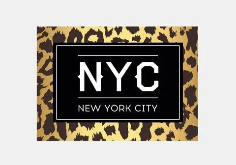 NYC slogan typography on leopard pattern background. Fashion t-shirt design.. Stock Illustration