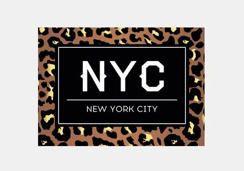 NYC slogan typography on leopard pattern background. Fashion t-shirt design Stock Illustration