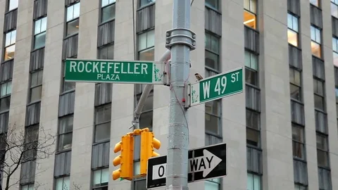 NYC Street sign Rockefeller Plaza with two birds Stock Footage