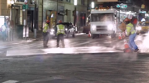 NYC streets, utility workers, steam, cars traffic, bitter cold.2 Stock Footage 220727742