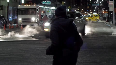 NYC streets, utility workers, steam, cars traffic, bitter cold.7 Stock Footage 220728109