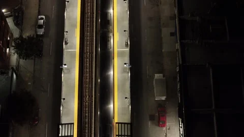 NYC Subway Above Ground Moving Top Down View NIGHT Stock Footage 288796522