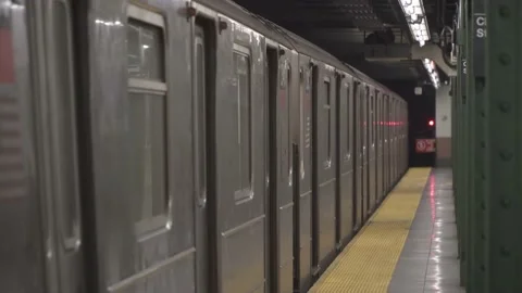 NYC subway train pulls into platform, waiting a train 4K 스톡 동영상 162908768