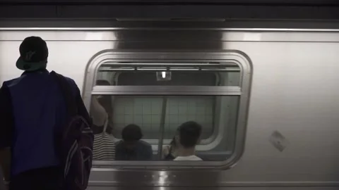 NYC subway train pulls into platform, waiting a train 4K 스톡 동영상 162908807