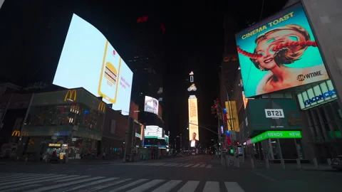 NYC Time Square Empty Street Taxi Driving Through Covid Stock Footage 154747842
