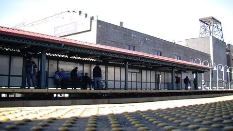 NYC train arriving, low angle 스톡 동영상 87055696