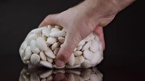 Nylon mesh bag with white beans thrown onto a shiny black surface, captured.. Stock Footage 263444102